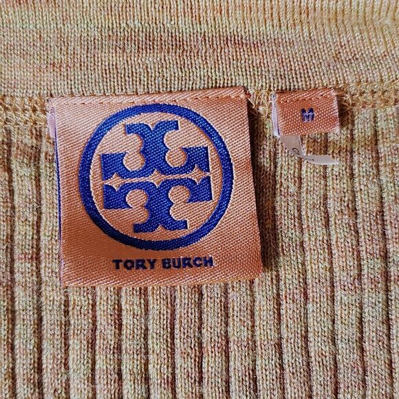 Tory Burch Gold Heather Simone Merino Wool Ribbed Knit Cardigan Womens Medium - Picture 6 of 7